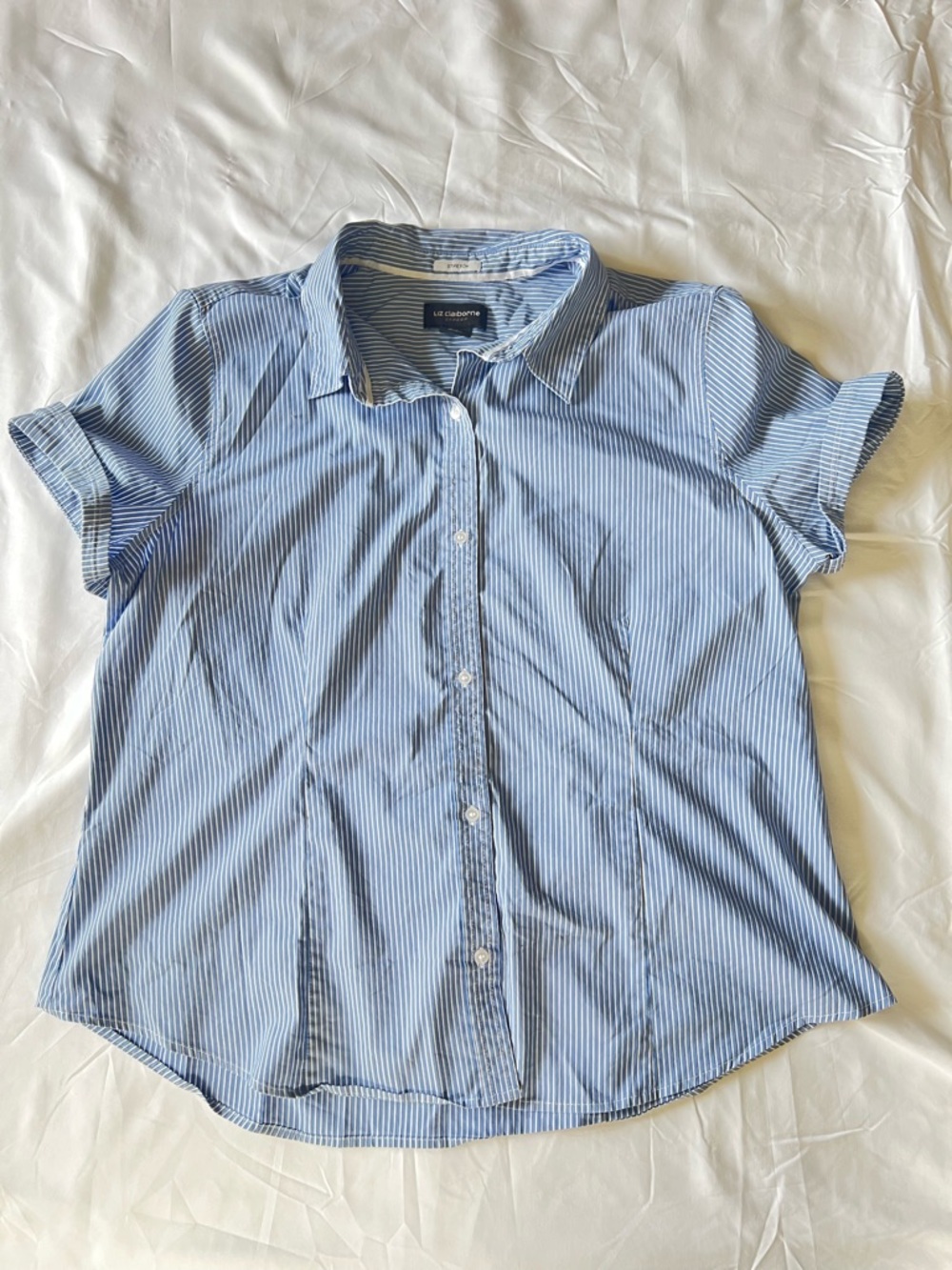 Liz Clairborne Light Blue and White Pinstripe Button-Up Shirt